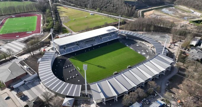 small amateur football stadium. Aerial view. Sports and entertainment. Building exterior.