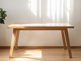 Minimalist Table: A simple wooden table sits elegantly, illuminated by gentle sunlight, creating a space of serene minimalism