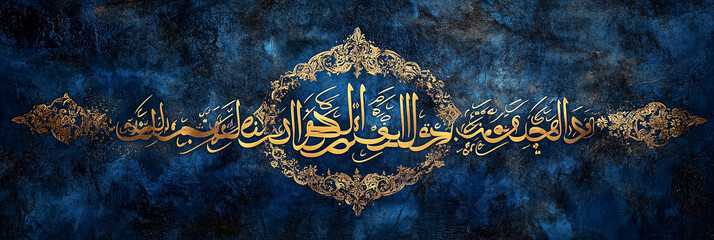 Arabic calligraphy features elegant gold lettering against deep blue backdrop. Richly adorned with ornate details, this artwork embodies cultural heritage and artistic expression