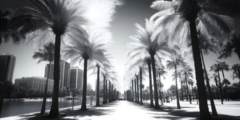 Black and white photography of palm trees lining the streets of a city, with urban architecture and possibly people in the background