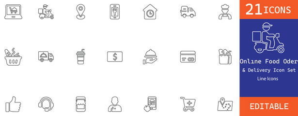 A modern line icon set for online food order and delivery services. Perfect for apps, websites, and marketing materials. Fully editable and scalable vector icons
