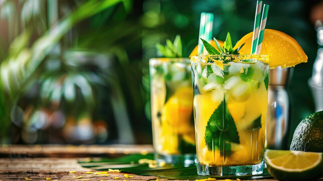 Brazil Independence Day, glasses of citrus cocktails with ice and mint, decorated with orange slices, tropical green background, horizontal banner, copy space, free space for text - Powered by Adobe