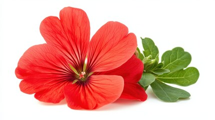 Fototapeta premium Vibrant Red Flower with Green Leaves on White Surface Background