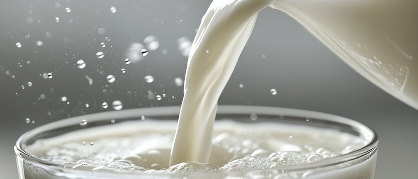 Fresh milk pouring into a clear glass on soft gray background for world milk day