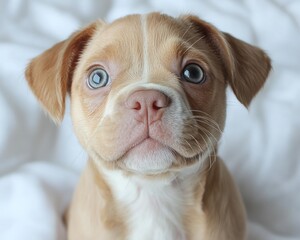 Adorable fawn-colored puppy with heterochromia iridum, looking directly at the camera