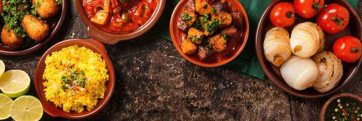 Brazil independence day, traditional Brazilian cuisine, national dishes, fresh tomatoes, dark background, horizontal banner, copy space, free space for text