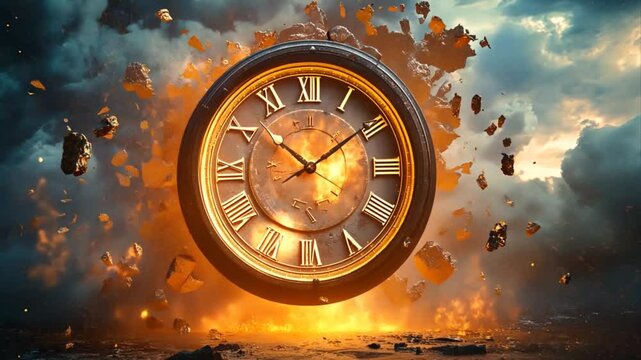 A conceptual image showcasing an antique clock amidst a chaotic scene of destruction and ethereal elements representing time collapsing
