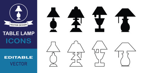 Table lamp icon set. Modern black table lamp vector silhouette symbol website logo design. Simple flat style fill and outline table lamp icons isolated on white background. Vector illustration.