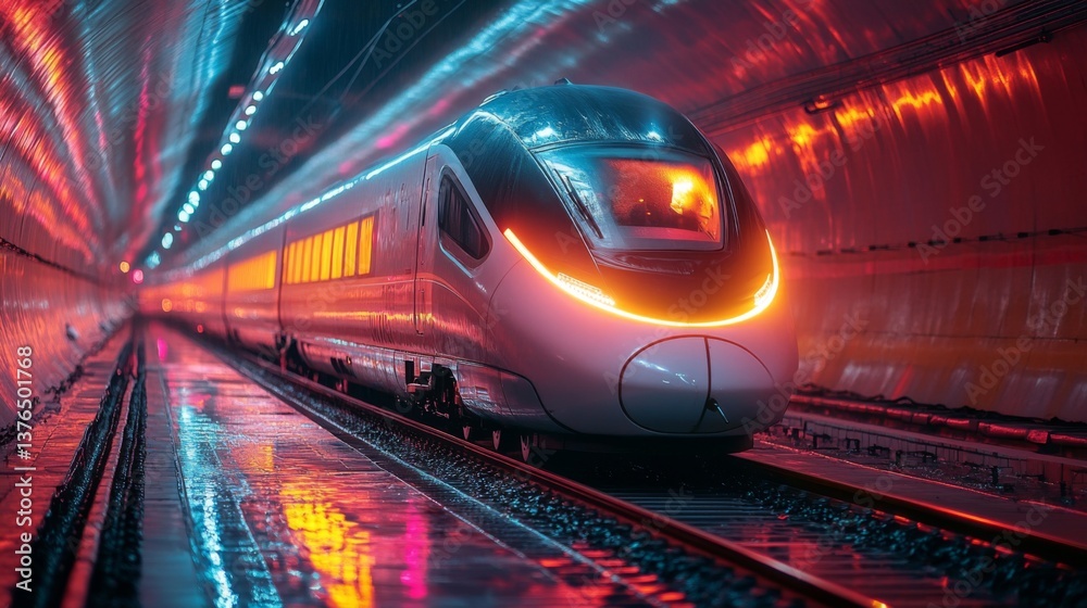Poster a sleek smart train enters a colorful tunnel, displaying cutting edge automation technology for effe