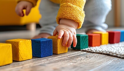 Capture the Joy of Childhood Toddler reaching for colorful wood blocks in sunny modern nursery, this image embodies the playful spirit of early learning Watch as a little one's curiosity leads them