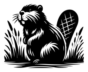 A black and white silhouette of a beaver in the grass on a white isolated background. Vector graphics. EPS.