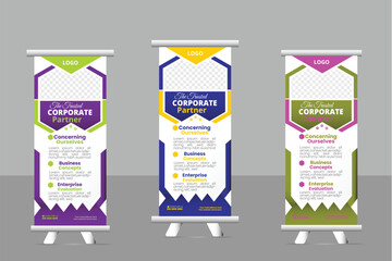 Business Roll up banner design template, vertical, abstract background, pull up design, modern colorful banner.