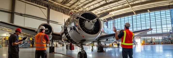 Aircraft maintenance technicians check plane engine components in a large hangar with tools and safety gear Generative AI