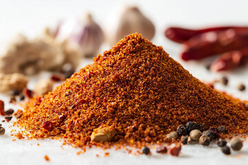 Artistic close-up exploration of Piri-Piri spice on a clean white surface.