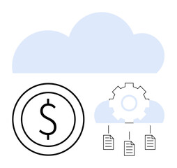 Blue cloud with dollar symbol, gear, and file icons linked below emphasizing digital economy. Ideal for finance, cloud computing, data management, automation, innovation, technology flat simple
