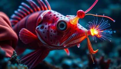 A vibrant crimson aquatic creature with bioluminescent features, intricate scales, and glowing appendages, swims amidst a deep ocean coral reef