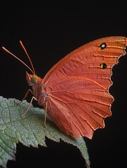Obraz premium A vibrant orange butterfly with intricate wing details perched upon a textured green leaf against a dark background.