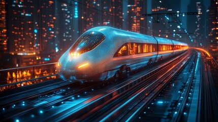Fototapeta premium A sleek, autonomous train glides smoothly along tracks illuminated by city lights in a vibrant urban environment. Advanced technology enhances mobility and logistics.