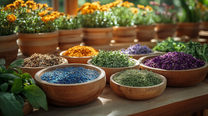 Colorful dried herbs and flowers in wooden bowls arranged with potted marigolds. Concept of natural ingredients, herbal medicine, and organic spices