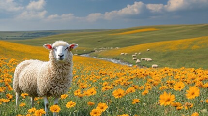 Fototapeta premium Sheep in a field of yellow flowers, sunny day, rolling hills, stream.