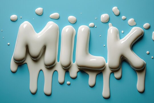 Dripping white milk letters against vibrant blue background in summer