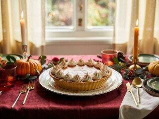 Elegant dessert table featuring a beautifully crafted pie and autumn decorations for a festive gathering
