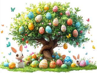 Enchanting Easter Scene: A Delightful Tree Adorned with Colorful Eggs, Surrounded by Whimsical Bunnies and Fluttering Butterflies in a Spring Meadow.