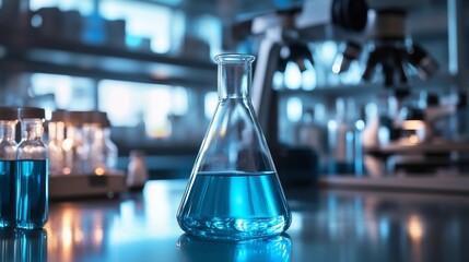 A blue liquid in a glass beaker sits on a table in a laboratory. The blue liquid is in a tall, narrow glass beaker, and it is surrounded by other glass containers and scientific equipment