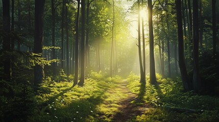 A forest path is illuminated by the sun, creating a peaceful and serene atmosphere. The sunlight filters through the trees, casting a warm glow on the grass and leaves