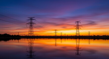 Electric Towers at Sunset Reflection - Stunning sunset over calm water reflecting electricity pylons. Vibrant colors illuminate the tranquil scene