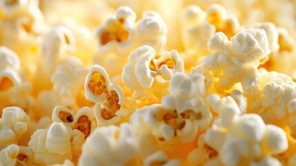 Golden Kernel Cascade: An inviting close-up captures the delightful texture of fluffy, golden popcorn, bursting with flavor and inviting viewers to enjoy a classic treat.
