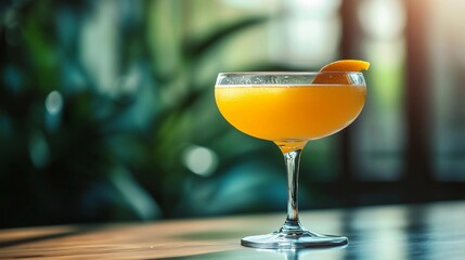 A glass of orange juice with a slice of orange on top is sitting on a table. The glass is clear and the orange slice is floating in the juice, creating a visually appealing and refreshing drink