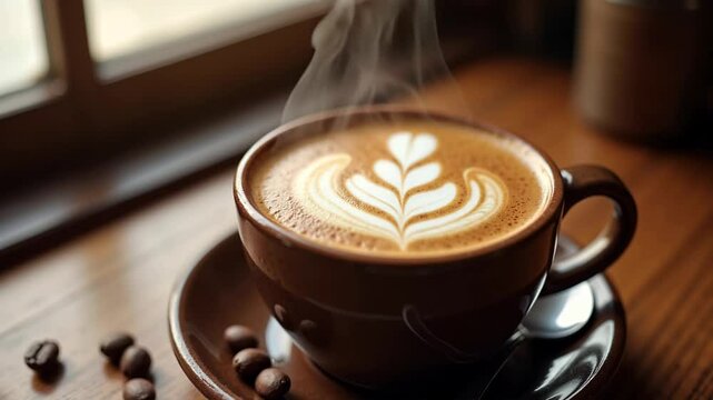 A beautifully crafted latte in a ceramic cup placed on a wooden cafe table
