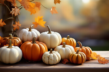 Autumn's Bounty: White and Orange Pumpkins with Falling Leaves