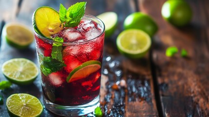 A glass of red drink with lime slices on the side. The drink is cold and refreshing. The lime slices add a citrusy flavor to the drink