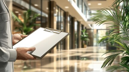 Hand holding clipboard in blurred office with warm lighting