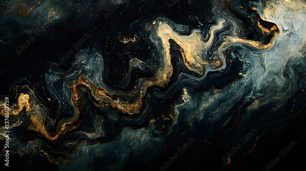 Wall mural an abstract design featuring swirling patterns of navy, gold, and soft blue, creating a texture remi
