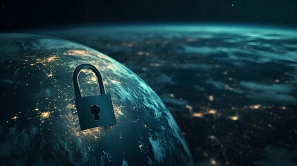 Securing global data: A padlock symbolizes protection over the Earth, highlighting cybersecurity and data privacy in the digital age.