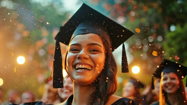 A jubilant graduate celebrates with classmates in cap and gown