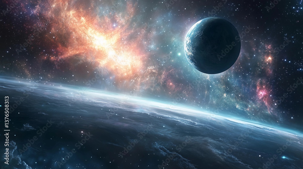 Wall mural a planet is floating in space with a bright orange and red cloud in the background. the planet is su