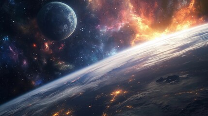 A planet with a large moon and a colorful sky. The sky is filled with stars and the planet is surrounded by a colorful nebula