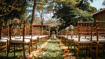 an off-site wedding ceremony, a festive event in a green forest, rows of wooden chairs, a flower arch, a country hotel