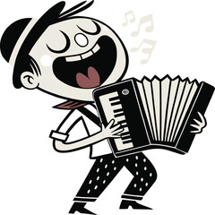 Stylized Cartoon Accordion Player on Teal Background – Minimalist Musical Illustration