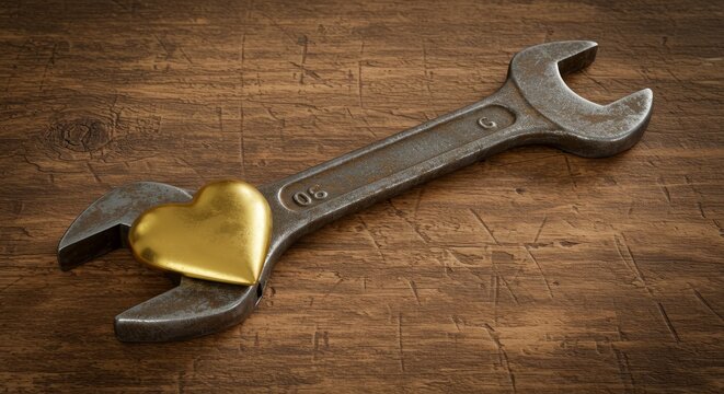 Golden Heart Held by Wrench - A rusty wrench gently cradles a golden heart, symbolizing care and repair. The is set against a dark brown wooden background