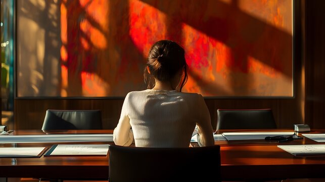 Woman sitting at a conference table with artwork, bathed in warm light, adding a touch of elegance to the professional workspace. - Powered by Adobe