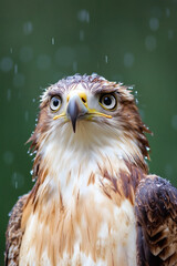 Close-up of a wet eagle. Raindrops glisten on its feathers against a blurred green backdrop.