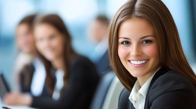 Professional woman smiles at camera during a business meeting, exuding confidence and approachability in a bright, corporate setting.