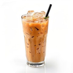 Refreshing Thai iced tea served chilled on a bright white background showcasing its vibrant color and textures