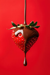 A strawberry being covered in chocolate, dripping down on a red background. This is a product photography image in an advertising style