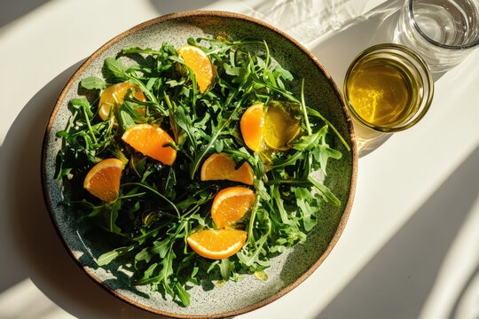 A vibrant plate of arugula salad with oranges, lightly drizzled in honey vinaig locomate and a small bowl filled with cev italico dressings